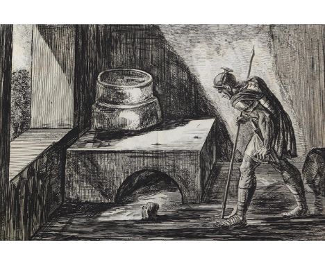Piranesi, Francesco: (1756 Rom - Paris 1810). Ein römischer Soldat mit Lanze in einem Raum. Bl. CXLVI aus Bd. V der Antiquité