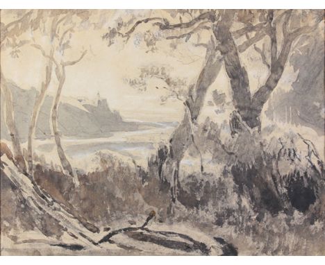 Fritsch, Melichor: (1826 Wien 1889), zugeschrieben. Baumbestandene Landschaft. Bleistift u. lavierte Tuschezeichnung, um 1880