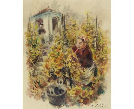 Schär, Arnold.: (1893 St. Gallen - Kilchberg 1957) Weinlese. Aquarell über Bleistift auf Papier. Ca. 24 x 20 cm. Gerahmt 33 x