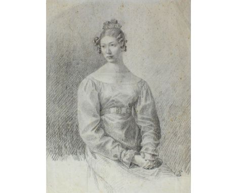 Biedermeier-Portrait.: Sitzende junge Frau im Kleid, die Hände im Schoß zusammengelegt, den Kopf nach rechts gewandt. Kniestü