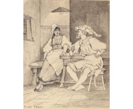 Hesse, Ernst: (1858 Penig/Sachsen). Mittelalterlich anmutender Pfeifenraucher mit junger Frau im Wirtshaus. Lavierte Tuscheze
