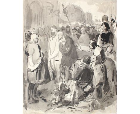 Geiger, Peter Johann Nepomuk: (1805 Wien 1850). Biertrinkende aus der Königsgefolgschaft und anklagende Frau. Aquarell und Bl
