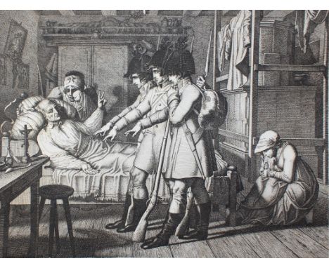 Russ, Karl: (1779 Wien 1843). Drei Söhne erhalten die Segnung des sterbenden Vaters als sie in den Krieg ziehen. Radierung al
