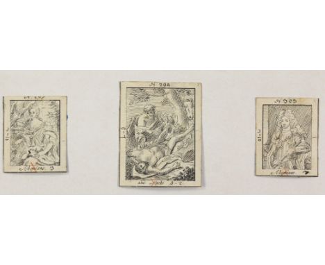 Schoonjans, Anthoni: (1655 Ninove 1726), nach. 3 Tuschfederzeichnungen, davon 2 Portraits. 18. Jh. 6 x 5 bzw. 8,5 x 6,5 cm. J