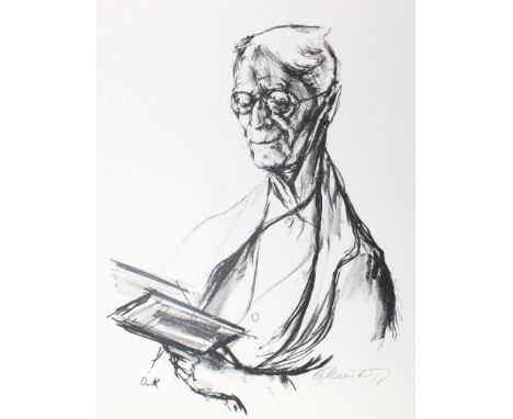 Kreibich, Oskar: (1916 Seifersdorf/Nordböhmen - Backnang 1984). Portrait Hermann Hesse von links, in einem Buch lesend. Litho