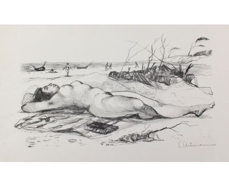 Schümann, Siegfried: (1923 Feldberg - Berlin 1974). Am Strand liegender weiblicher Akt. Lithographie. Ca. 23,5 x 43,5, Blgr. 