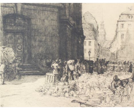 Dresden.: Töpfermarkt in Dresden auf dem Neumarkt. Radierung von Willem de Zwart. 19./20. Jhdt. 20,7 x 26,5 cm.   R