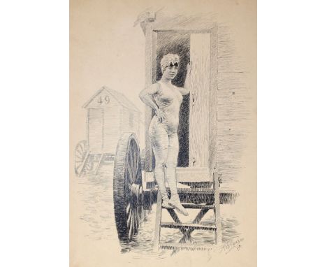 Wintzer, Richard: (1866 Nauendorf bei Halle - Berlin 1952). Eine junge Frau in Badekleidung u. -schuhen u. einem kunstvoll um