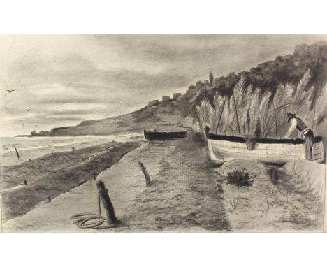 Becker, August: (1822 Darmstadt - Düsseldorf 1887). Küstenlandschaft mit Mann und Boot. Kohlezeichnung. 56 x 74 cm. Ecke li. 