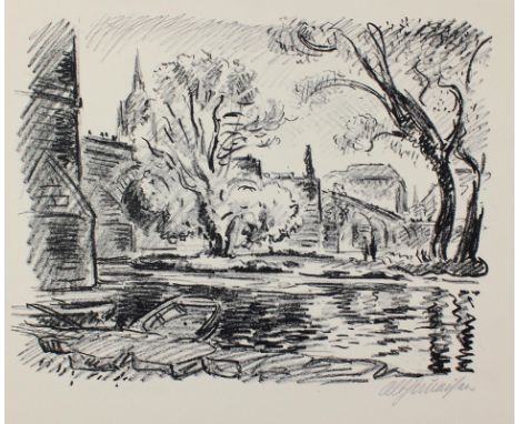 Haueisen, Albert: (1872 Stuttgart - Kandel 1954). Blick über einen kleinen See auf Bäume und Kirche. Lithographie 44 x 32,5, 