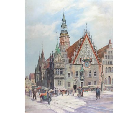 Breslau.: Blick auf das Breslauer (auch: Altes) Rathaus am Großen Ring gelegen mit Marktständen. Öl auf Spanplatte von Willi 