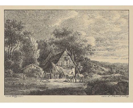Schmidt, Louis: (1.H. 20. Jhdt). Landschaft mit Haus u. Pferden - Liegender Hirte mit Pferd. 2 Lithogr. (davon 1x laviert) na