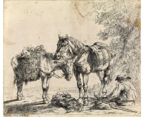 Müller, Friedrich, gen. Maler Müller: (1749 Kreuznach - Rom 1825). Junger Hirte mit Kuh, Ziegenbock und Hund. Radierung 1775.
