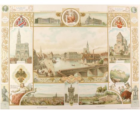 Elsaß.: Sammelbild mit 9 meist kleineren Ansichten, darunter Colmar u. Mühlhausen, in der Mitte größere Darstellung von Stras