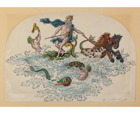 Seitz, Rudolf von: (1842 München 1910). Neptun prescht durch die Meerwswogen. Tusche/Aquarell. 1908. 19,5 x 13 cm. Unter Pass