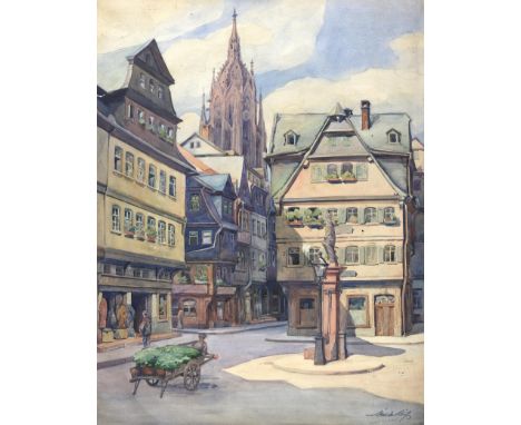 Reiss, Wilhelm: (1883 Höchst a.M. - 1961). Das Heiliggeist-Plätzchen in der Saalgasse mit dem Heilig-Geist-Brunnen und dem Bl