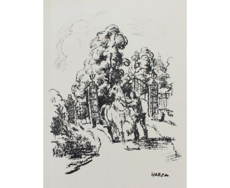 Harta, Felix Albrecht: (1884 Budapest - Salzburg 1967). Reiter steigt vor den Toren einer Parkanlage auf sein Pferd. Lithogr.