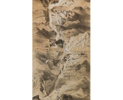 Wenk,G.: Panorama della Strada-Ferrata delli Appennini Bologna, Pistoja, Firenze. Bologna, Wenk (1864). Getönt. lithogr. Pano