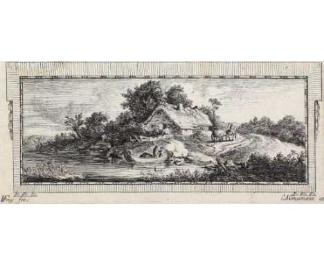 Frey, Johann Michael: (1750 Augsburg 1818). Flusslandschaft mit Fischerboot u. Heuwagen. Radierung auf Bütten bei C.A.Grossma