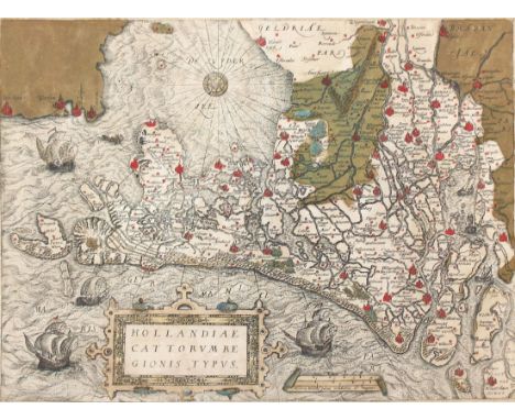 Niederlande.: Hollandiae Cattorum Regionis Typvs. Altkol. Kupferstichkarte mit ornament. Kartusche und maritimer Staffage, au
