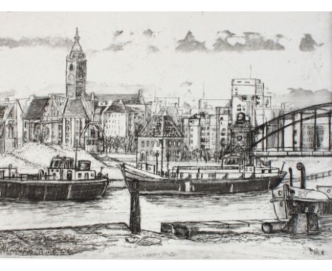 Venske, Reimar: (1929 Berlin - Germendorf 2001). Schiffe auf einem Fluss, im Hintergrund eine Stadtsilhouette mit Brücke. Rad