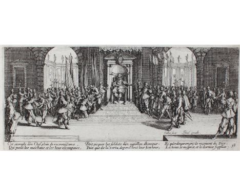 Callot, Jacques: (1592 Nancy 1635). Die Verteilung der Belohnung. Radierung. Letztes Blatt der Folge "Die Schrecken des Krieg