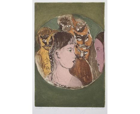 Willers, Ilse: (1912 Gallbrasten - Wedel 2010). "Mädchen und Katzen". Farb. Aquatintaradierung auf CM Fabriano, (19)88. 30 x 