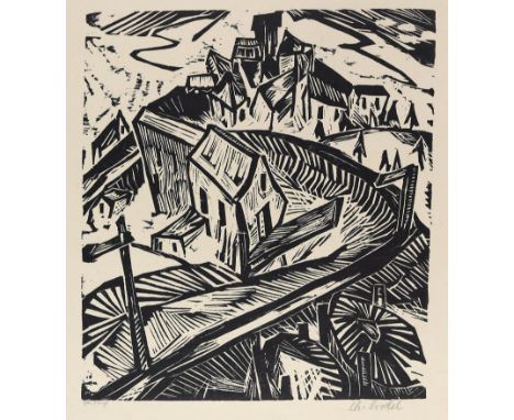 Crodel, Carl (Charles): (1894 Marseille - München 1973). Kurve bei Probstzella. Holzschnitt auf Papier mit Prägung: Die Schaf