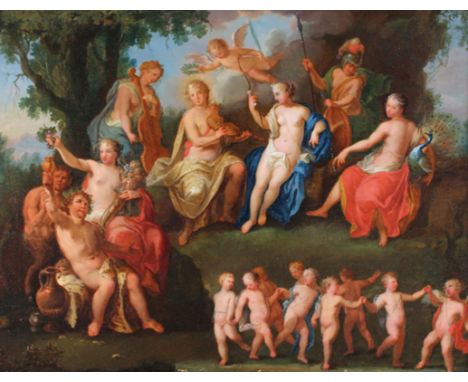 Bacchusszene.: Bacchus auf dem Parnass. Mittig Apoll umgeben von Diana, Mars, Hera und ein Reigen tanzender Amoretten, zu den