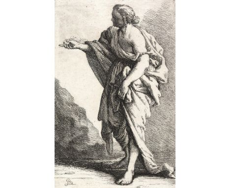 Monogrammist J.B.: 5 Darstellungen männlicher Kämpfer, 1 weibliche Figur, die Hand geöffnet haltend. 6 Kupferstiche. 17. Jhdt