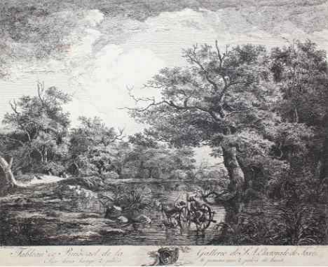 Schumann, Johann Gottlob: (1761 Dresden 1810). Baumreiche Landschaft, in der ein Karren mit zwei Personen u. Hund durch niedr