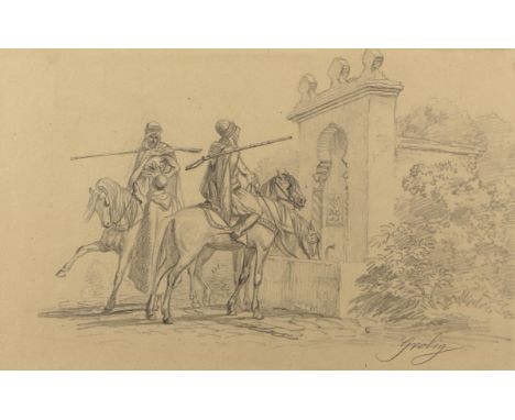 Grolig, Curt Victor: (1805 Meißen - Versailles 1862). Reiter an der Pferdetränke. Algerien. Bleistift a. Papier, um 1842, ca.