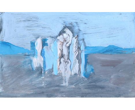 Hilsing, Werner: (1938 Hannover, lebt in Abbensen). Person mit erhobenem Arm in einer Landschaft. Gouache 1962. 13 x 20, Blgr