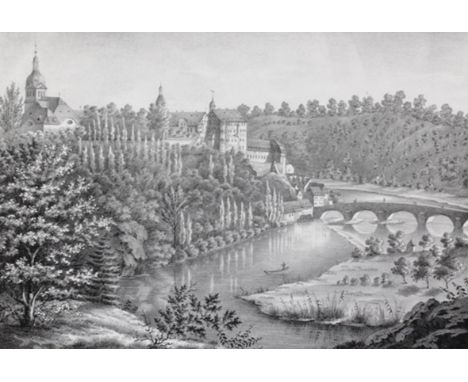 Weilburg.: Ansicht mit dem stadtbildprägenden Schloss u. einer Brücke über die Lahn. Lithographie bei Jean Velten, Karlsruhe 