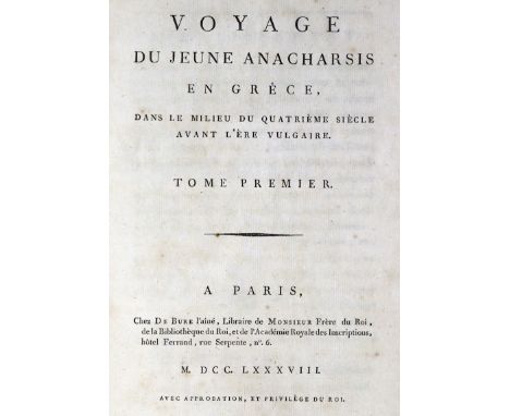 Barthelemy,J.J.: Voyage du jeune Anacharsis en Grece. 4 Textbde. u. Atlas in zus. 5 Bdn. Paris, de Bure 1788. 4°. Mit 31 tls.
