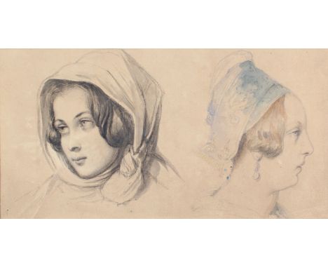 Anonym.: Bleistiftstudien, tls. aquarelliert auf braunem Papier.  beidseitig bemalt. 1.  H. 20. Jh. Kopfstudien einer Frau mi