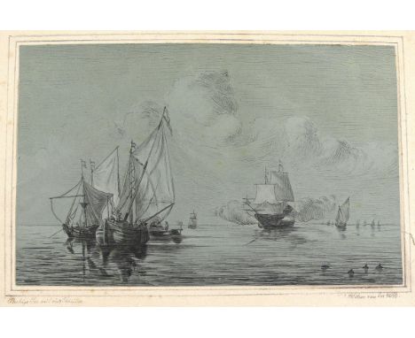 van de Velde, Willem III: (1667 Amsterdam - ca. 1710) zugeschrieben. Ruhige See mit vier Segelschiffen. Tuschfederzeichnung a