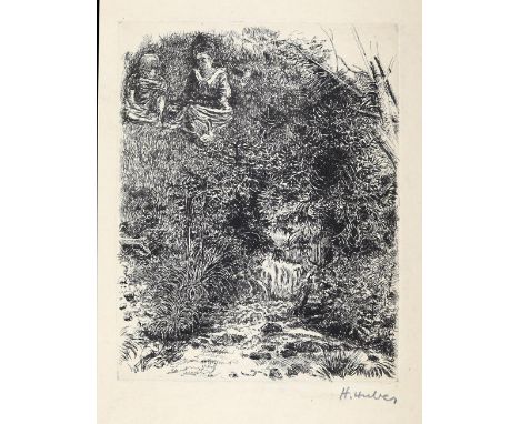 Huber, Hermann: (1888 Zürich - Hirzel 1967). Rastende Mutter und Kind neben einem Bachlauf. Sign. Radierung. 17,5 x 14 cm. Un
