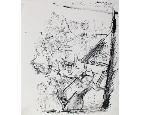 Tanzpaare.: Ein Geiger spielt für tanzende Paare. Tuschzeichnung 1959. Ca. 23,5 x 19,5, Blgr. 24,5 x 21,4 cm. Ob. re. undeutl