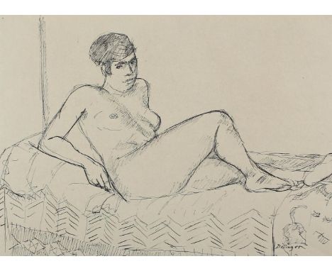Dillinger, Karl: (1882 Karwin - Dirmstein 1941). Frauenakt, auf dem Bett liegend. Tusche a. Papier, ca. 23 x 31 cm, sign. unt