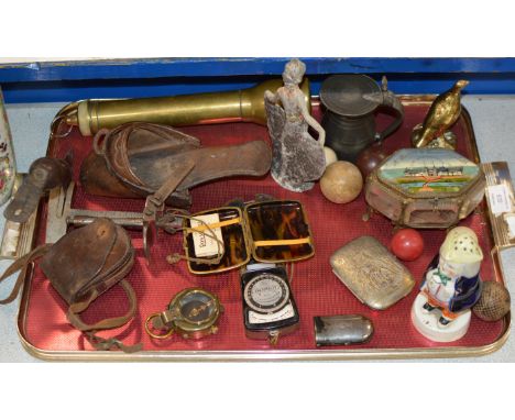 TRAY WITH 19TH CENTURY GLASS TRINKET BOX, VARIOUS OLD GOLF BALLS, BRASS  CASED TORCH, MILITARY COMPASS ETC    
