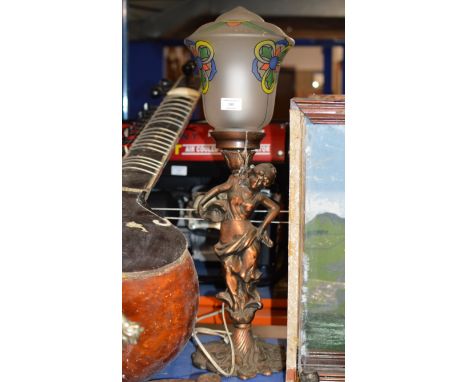 COPPER FINISHED FIGURINE LAMP WITH ART NOUVEAU STYLE SHADE    