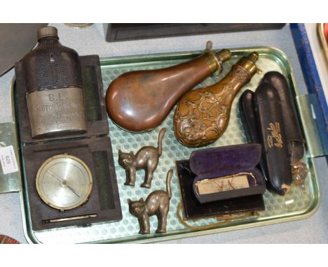 TRAY WITH WHISKY ADVERTISING HIP FLASK, OLD GAUGE, POWDER FLASKS, VINTAGE SPECTACLES ETC    