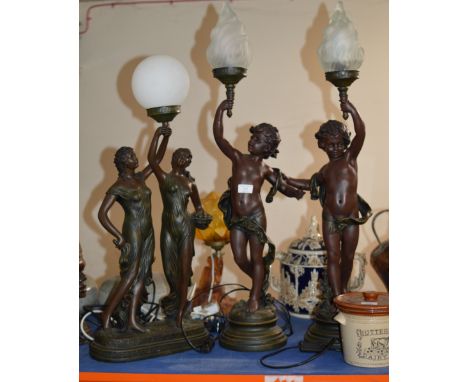 PAIR OF BRONZE EFFECT CHERUB LAMPS WITH SHADES &amp; SIMILAR DOUBLE FIGURINE LAMP    