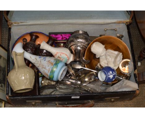 VINTAGE CASE WITH MIXED CERAMICS, GLASS WARE, JAPANESE BRONZED VASES, BUST ORNAMENT, WOODEN BOWL ETC    