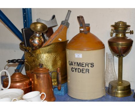 PARAFFIN LAMP, VINTAGE CIDER FLAGON, ASSORTED COPPER WARE, CUTLERY ETC    