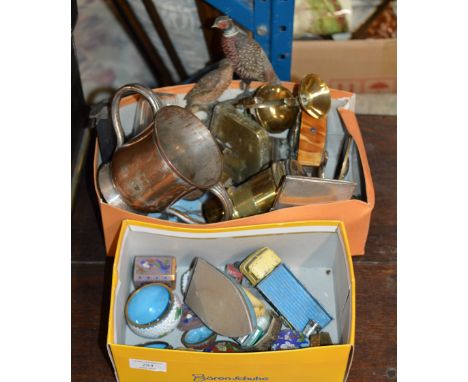 2 SMALL BOXES WITH MODEL VEHICLES, MINIATURE CLOISONNÉ BOXES, COLD PAINTED BIRD DISPLAY, STANLEY COMPASS, EASTERN CANDLE STAN
