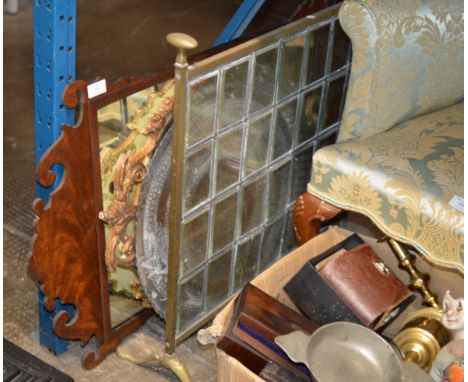 FIRE SCREEN, MAHOGANY MIRROR, 1 OTHER MIRROR &amp; DECORATIVE TRAY    