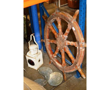 OLD WOODEN SHIPS WHEEL, BRONZE PROPELLER &amp; COACH LAMP    