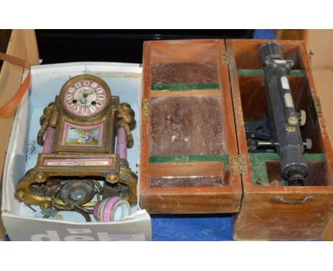 BOX WITH OLD CLOCK &amp; VINTAGE THEODOLITE    